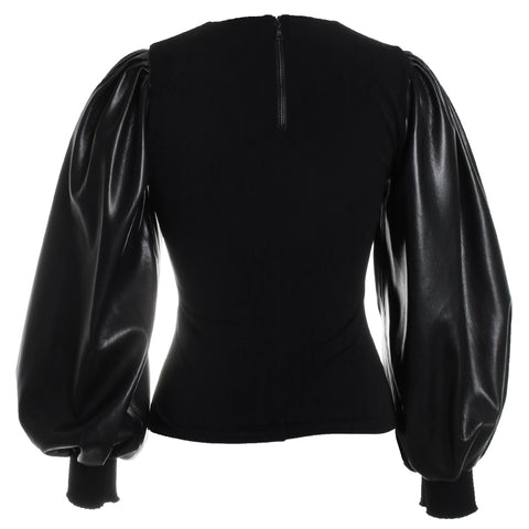 Latoria Crewneck Top w/ Vegan Leather Sleeve