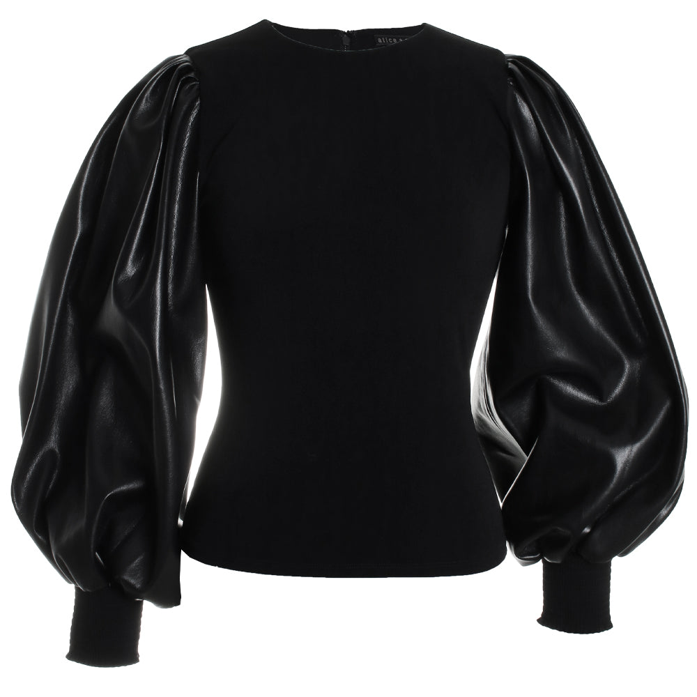 Latoria Crewneck Top w/ Vegan Leather Sleeve