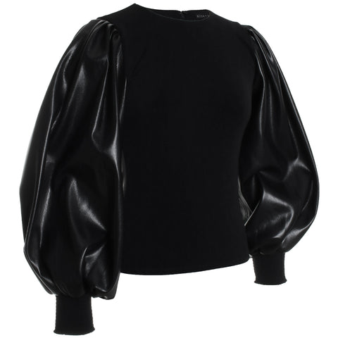 Latoria Crewneck Top w/ Vegan Leather Sleeve