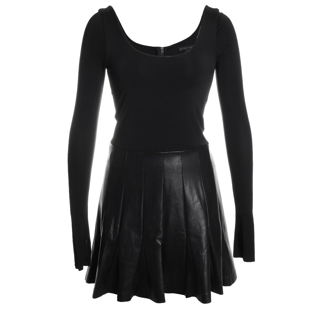 Chara Vegan Leather Long Sleeve Scoopneck Pleated Mini Dress