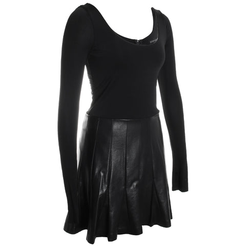 Chara Vegan Leather Long Sleeve Scoopneck Pleated Mini Dress