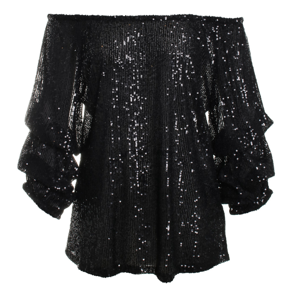 Sequin Off Shoulder Puff Sleeve Top