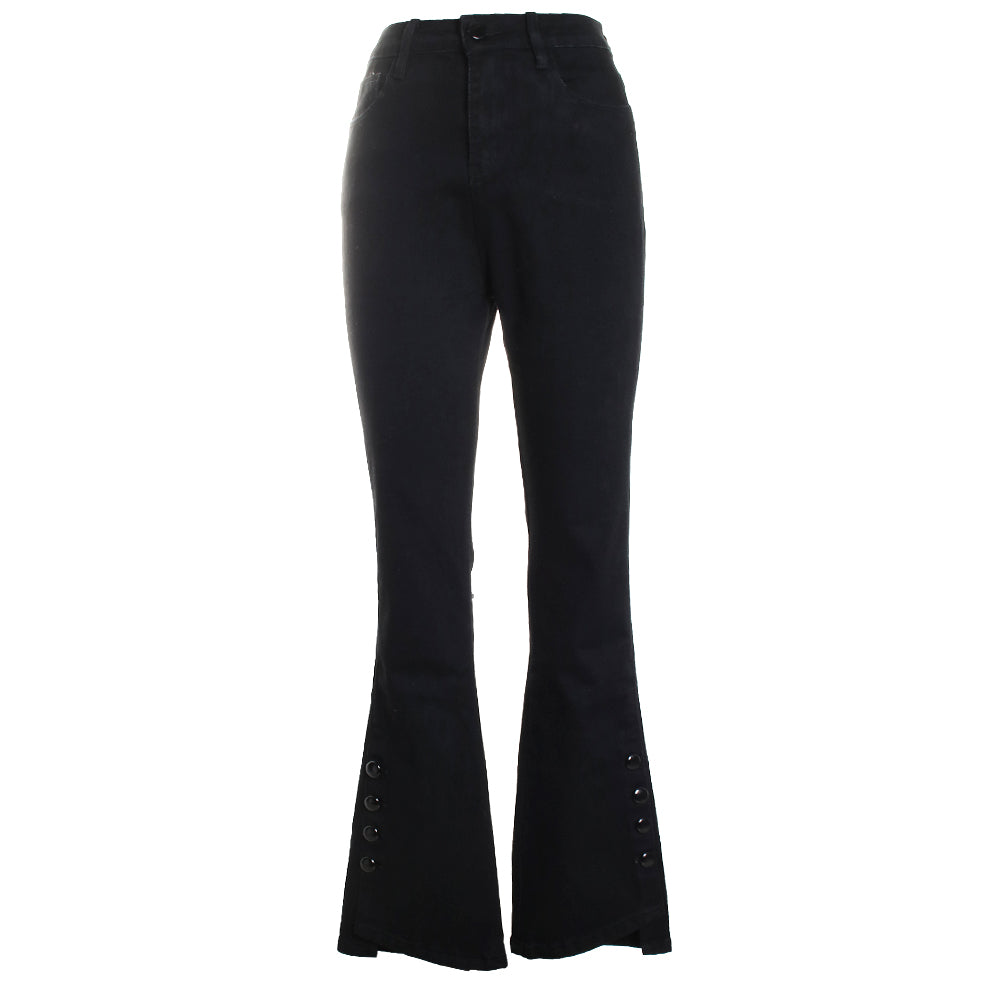 Patent Leather Button Details Straight Leg Jeans