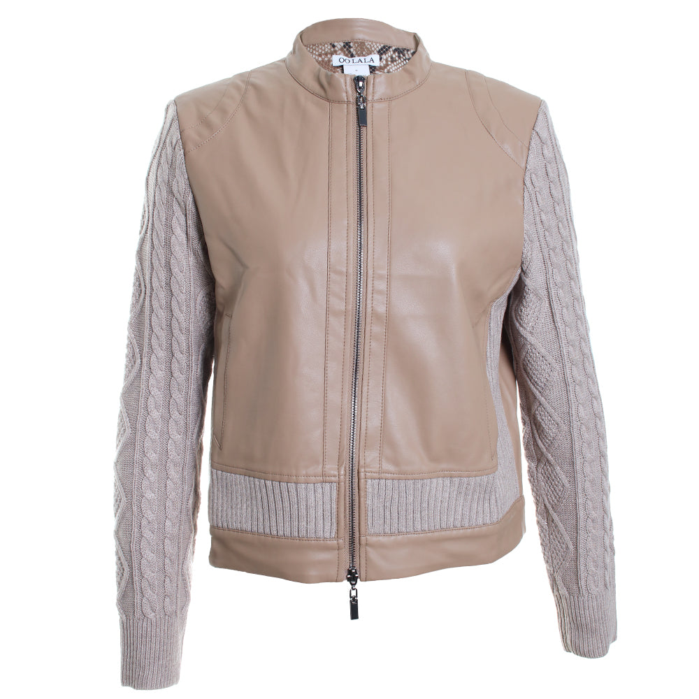 Pleather Knit Cord Sleeves Zip Bomber Jacket